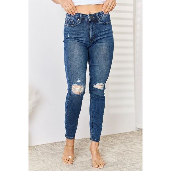 Denim - Judy Blue Full Size High Waist Distressed Slim Jeans -  - Cultured Cloths Apparel