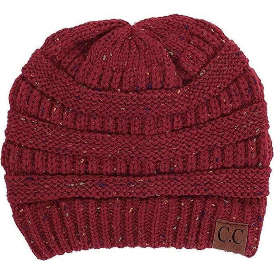 Beanies - C. C Cable Knit Beanie Messy Bun/Ponytail Confetti Hat - Burgundy - Cultured Cloths Apparel