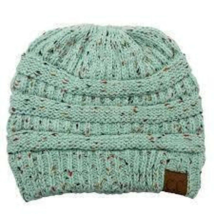 Beanies - C. C Cable Knit Beanie Messy Bun/Ponytail Confetti Hat - Mint - Cultured Cloths Apparel