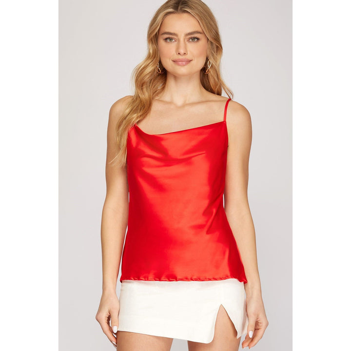 Women's Sleeveless - Satin Cowl Neck Sleeveless Top Lined - Red - Cultured Cloths Apparel