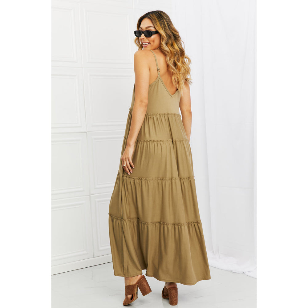 Women's Dresses - Zenana Full Size Spaghetti Strap Tiered Dress with Pockets in Khaki -  - Cultured Cloths Apparel