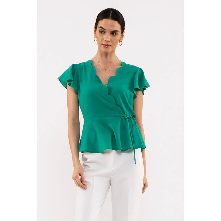 Women's Short Sleeve - Scalloped Surplice Woven Top - Kelly Green - Cultured Cloths Apparel