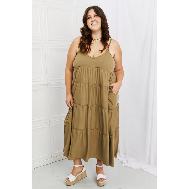 Women's Dresses - Zenana Full Size Spaghetti Strap Tiered Dress with Pockets in Khaki -  - Cultured Cloths Apparel