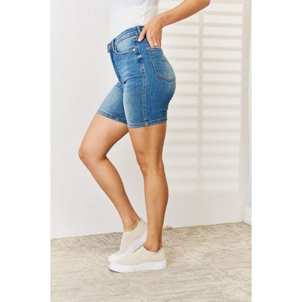 Women's Shorts - Judy Blue Full Size Tummy Control Double Button Bermuda Denim Shorts -  - Cultured Cloths Apparel