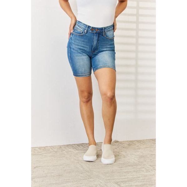 Women's Shorts - Judy Blue Full Size Tummy Control Double Button Bermuda Denim Shorts -  - Cultured Cloths Apparel