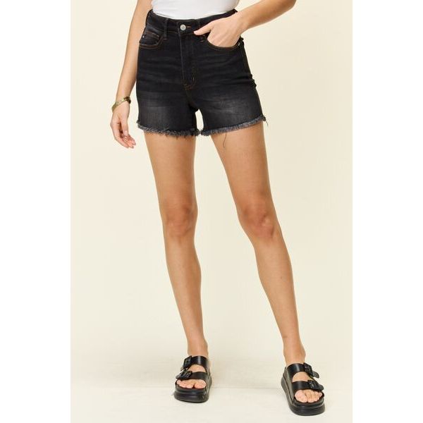 Women's Shorts - Judy Blue Full Size Tummy Control Fray Hem Shorts - Black - Cultured Cloths Apparel