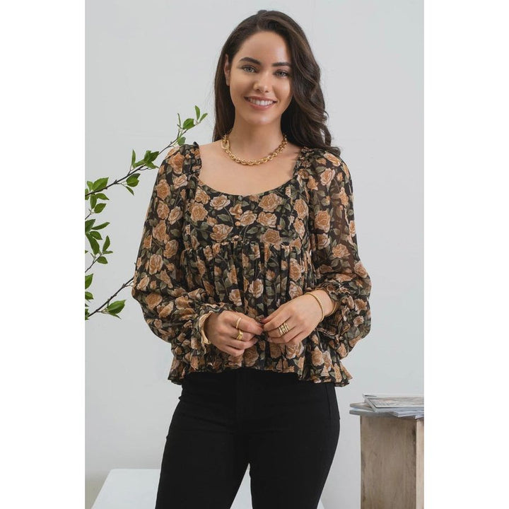 Women's Long Sleeve - Floral Babydoll Blouse - Black Multi - Cultured Cloths Apparel