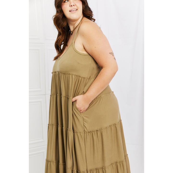 Women's Dresses - Zenana Full Size Spaghetti Strap Tiered Dress with Pockets in Khaki -  - Cultured Cloths Apparel