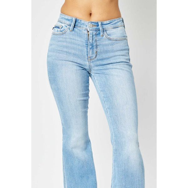 Denim - Judy Blue Full Size Mid Rise Raw Hem Slit Flare Jeans -  - Cultured Cloths Apparel