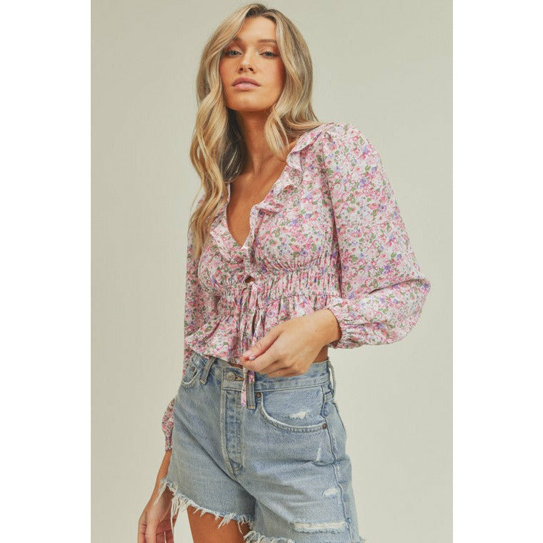 Women's Long Sleeve - Ruffle Floral Crop Blouse -  - Cultured Cloths Apparel