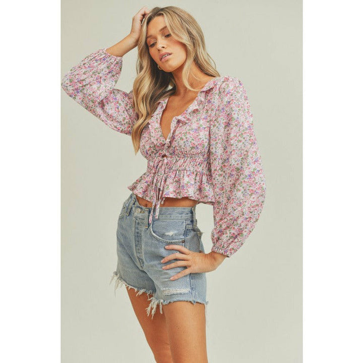 Women's Long Sleeve - Ruffle Floral Crop Blouse -  - Cultured Cloths Apparel