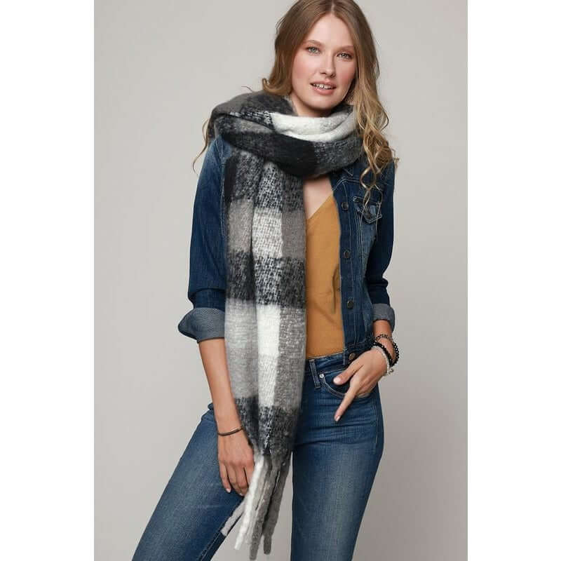 Accessories, Scarves - Super Soft Bushed Plaid Oblong Scarf - White/Black - Cultured Cloths Apparel