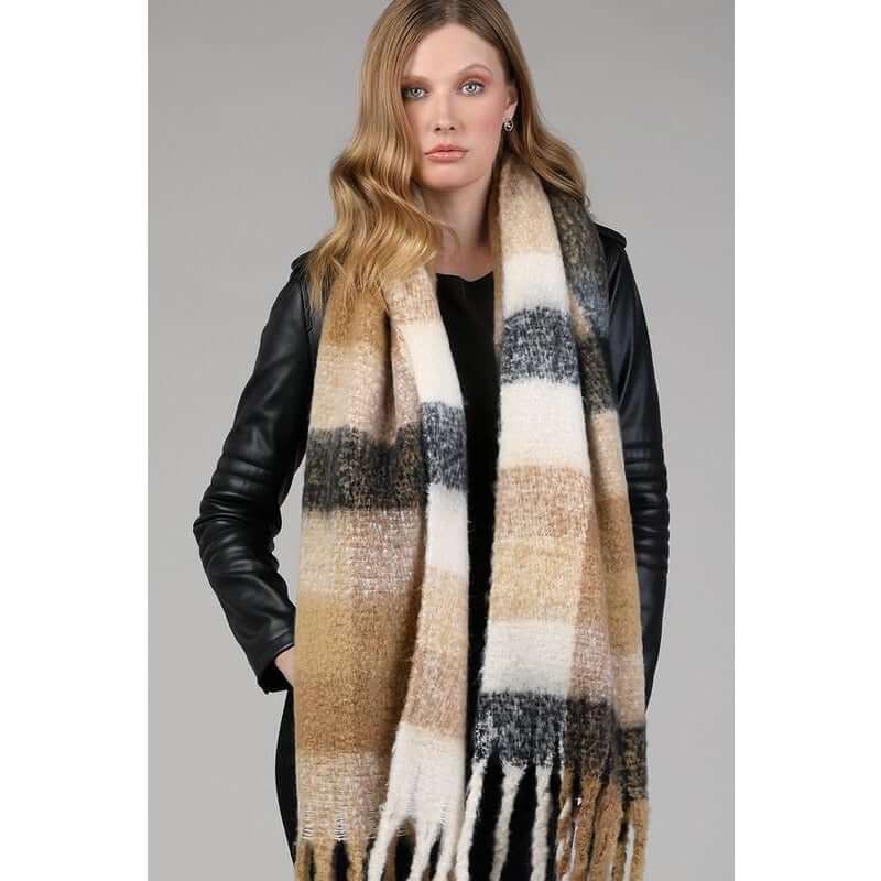 Accessories, Scarves - Super Soft Bushed Plaid Oblong Scarf - Taupe/Black - Cultured Cloths Apparel