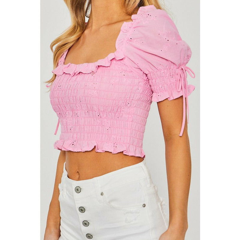 Women's Short Sleeve - Woven Solid Smocked Puff Sleeve Crop Top -  - Cultured Cloths Apparel